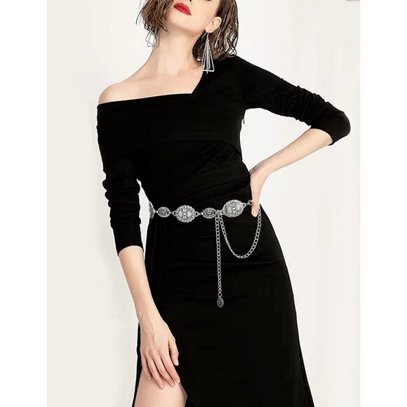 Western Metal Oval Concho Chain Belt For Women Silver Cowgirl Belt For 3132 - Picture 5 of 9